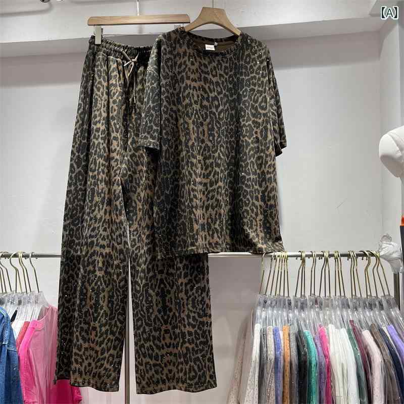 トップス セット レディース ヒョウ柄 3分袖 ゆったり 大きめ 中長丈 レトロ 春夏 カジュアル ストリート ポケット ラインストーン 綿 カーキ 赤 黒｜pure bliss