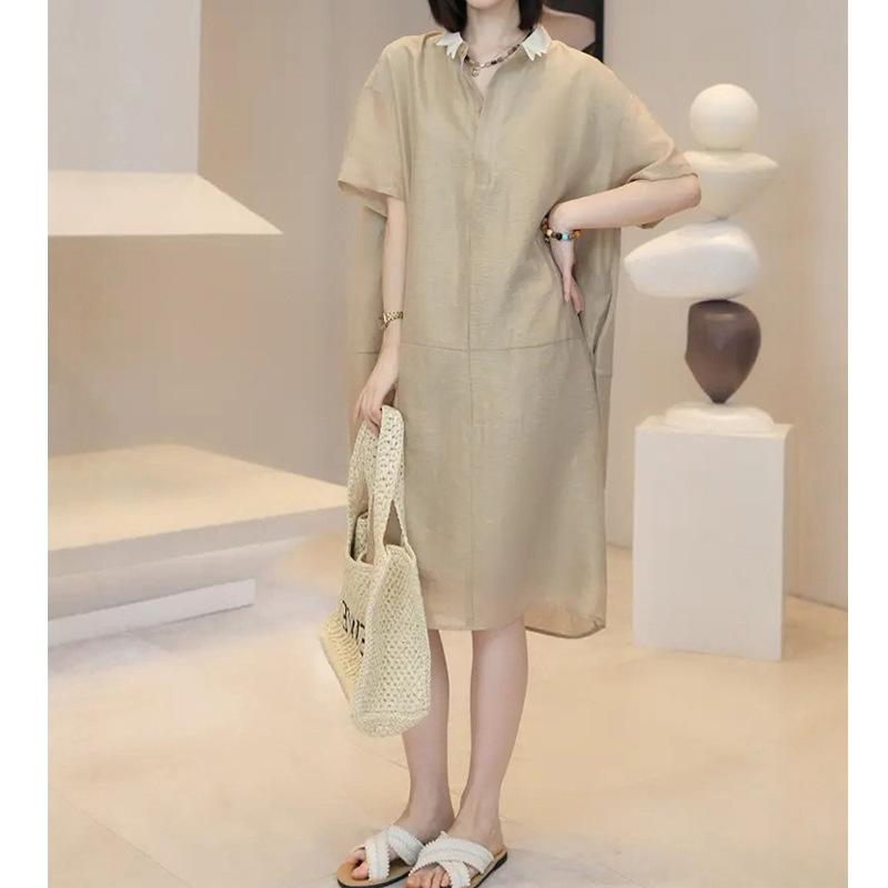 衣装 レディース ビッグ大きさ ゆったり A生産ライン 中長丈 半袖 ラペル ティーシャツ うつり変わり 夏 分かりやすい 心地よい ポリエステル 無地 三鞭酒 黒 米白