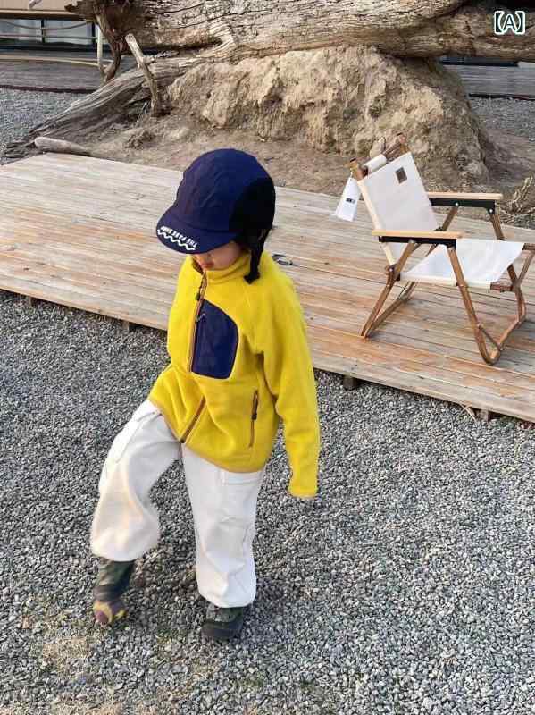 フリースジャケット お坊っちゃん お嬢さん 秋 心地よい 長袖 照明ランプ色つや ファスナー 遊撃手丈 加厚 ポリエステル 綿織物裏地 薄墨色 黄色 軽さ情の籠もった もの柔らか 運動すること アウトドア 普段使い