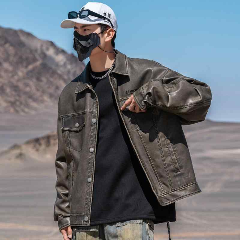 ジャケット メンズ レディース 男女兼用 PUレザー 春秋 防風 撥水 ライダースジャケット ワークジャケット ルーズ フィット ゆったり フラップ ポケット カジュアル アメカジ レトロ ギミック アウター｜pure bliss