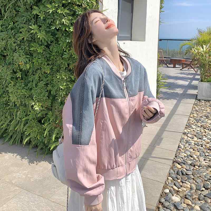 上衣 レディース 歳月 うつり変わり ジーンズ PUなめし革 異原料品 ベイスボール服 心地よい アウター 厚地の外套 長袖 丸首 ジップアップ 隠し付き添い人 愛くるしい さくら色