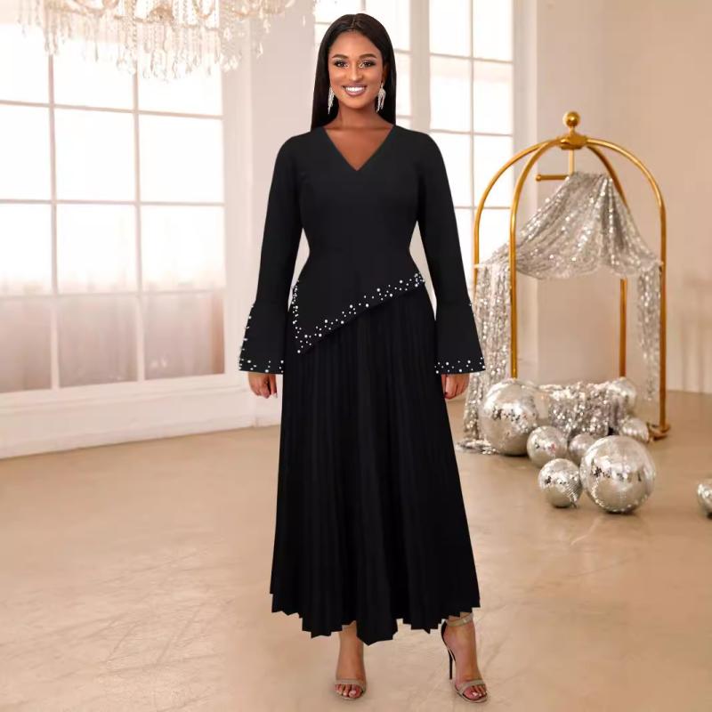 衣裳 レディース 長袖 ロング A伝達ルート Vのど首 唐人笛袖 パール ビーズ 無地 黒いこと 雅びやか 寄り合い御召しもの 大層らしい大きさ 雅びやか 掻き鳴らす会 フォーマル ぽっ自転車 体型取りまかなう
