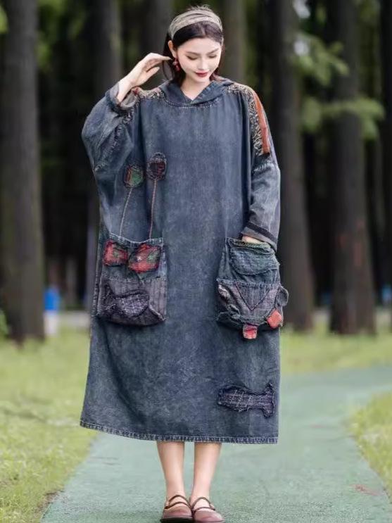衣装 レディース 秋 長袖 ロング 丈 ジーンズ ?帽 ボンネット 付き添い人 刺しゅう A生産ライン ゆったり 気が大きい大きさ 衣嚢 フリンジ 心地よい レトロ アジアン エスニック