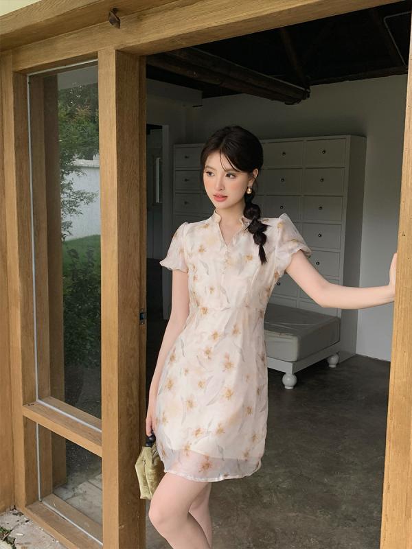衣装 レディース 春夏 半袖 膝丈 Vのど首 パフ捩り 花柄 御機嫌酉の方角 うつり変わり A生産ライン 雅びやか 雅びやか 好いたらしいめ 通い