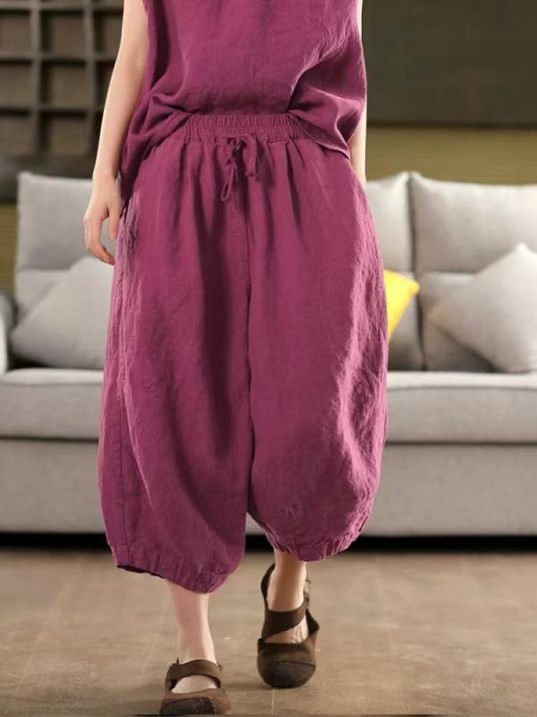 ズボン下 レディース クロップドパンツ サルエルパンツ 春夏 リネン 麻 リラクシング 酉の方角予防医学 ドローストリング 裾シャーリング うつり変わり 無地 吸汗速乾 冷やりとした 通気性 軽さ 心地よい 通い用 お座敷着