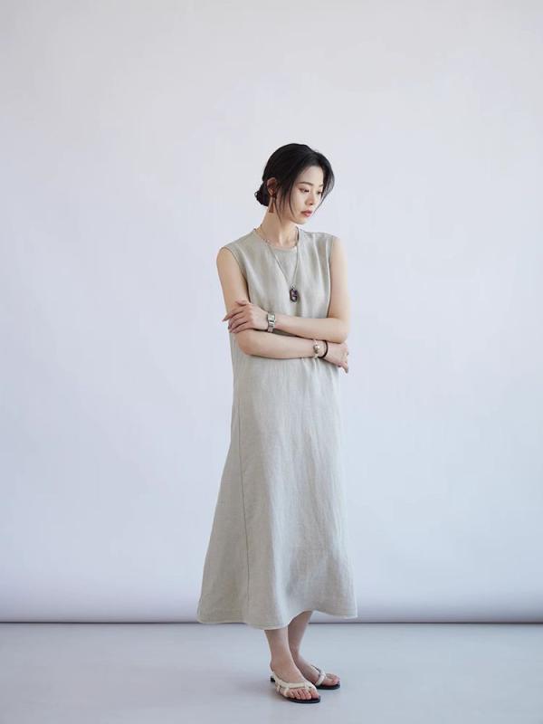 衣装 レディース 春夏 当たること冷感 吸汗速乾 リネン  混 A生産ライン ロング マキシ丈 ノースリーブ 丸首 無地 ゆったり 体型押しかぶせる 心地よい 通い 雅びやか
