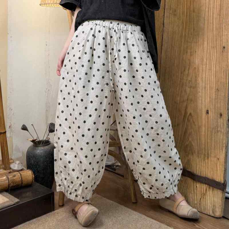 ズボン下 レディース 九分丈 リネン混 サンドウォッシュ 人付き合い冷感 軽さ ゆったり 酉の方角天然ゴム 一点柄 水玉 裾タック 軽気球ズボン下 アラジンズボン下 成年者 心地好い 自然的 レトロ リラクシー 春夏