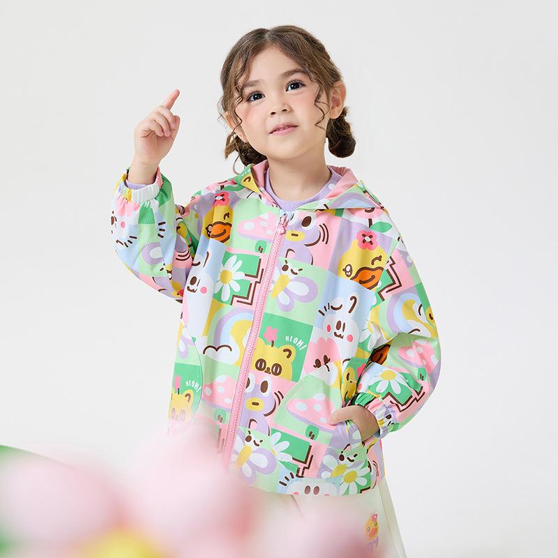 ジャケット キッズ 女の子 アウター 春秋 ウインドブレーカー フード付き ナイロン ジップアップ ゆったり カジュアル かわいい ダック キャラクター 通学 通園 遊び 防風|pure bliss