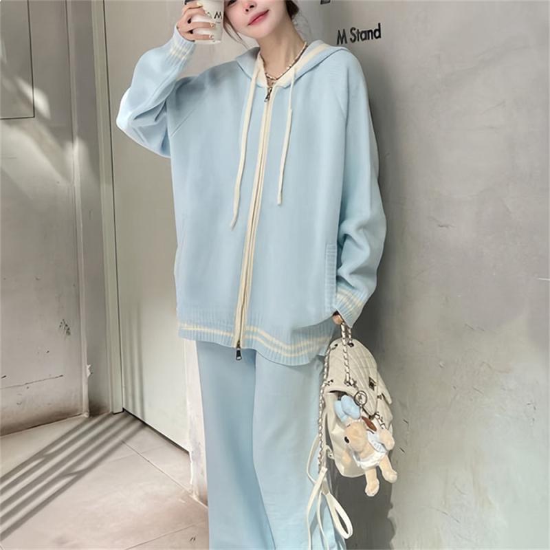 ニット セットアップ レディース 春秋 長袖 フード付き ジップアップ パーカー ワイドパンツ 切り替え バイカラー カジュアル 通勤 リラックス|pure bliss