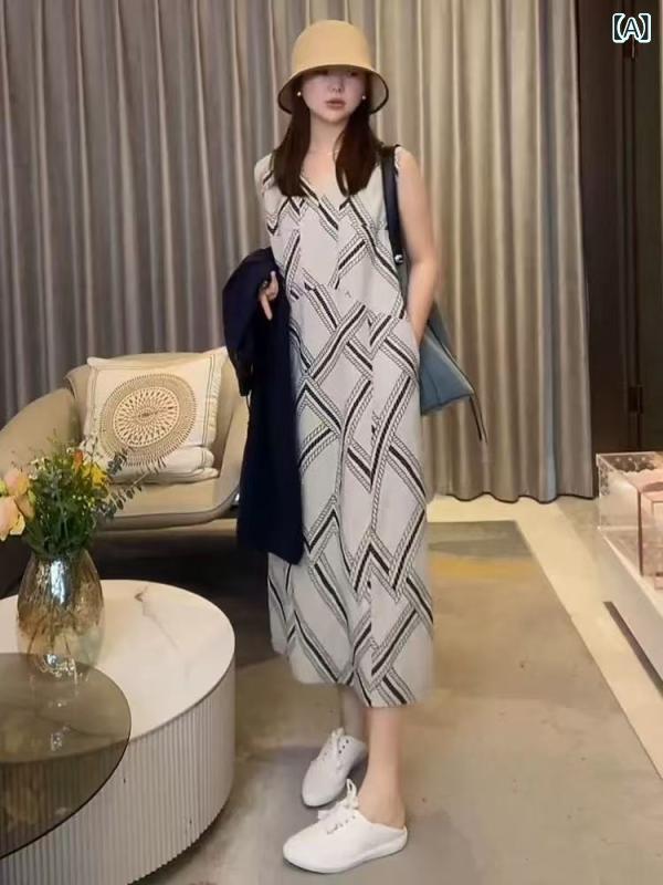 衣装 レディース 春夏 当たること冷感 リネン ノースリーブ ロング丈 Vのど首 読み合わせる柄 レトロ ゆったり A生産ライン 体型押しかぶせる たまり場 旅する