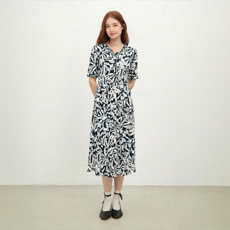 衣装 レディース 春夏 半袖 A字 膝丈 ゆったり 気が大きい大きさ 絹地調 刷り上げる Vのど首 レトロ 雅びやか 好いたらしいめ 通い