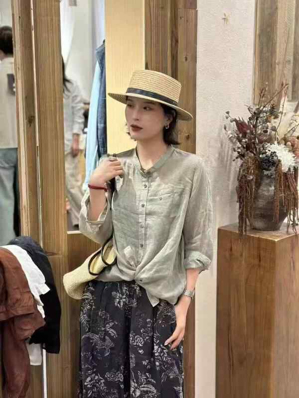 プルオーバー レディース 春夏 長袖 リネン 立ち襟 草木柄 ゆったり 体型押しかぶせる 心地よい レトロ 羽織り 日焼押しとどめる 当たること冷感