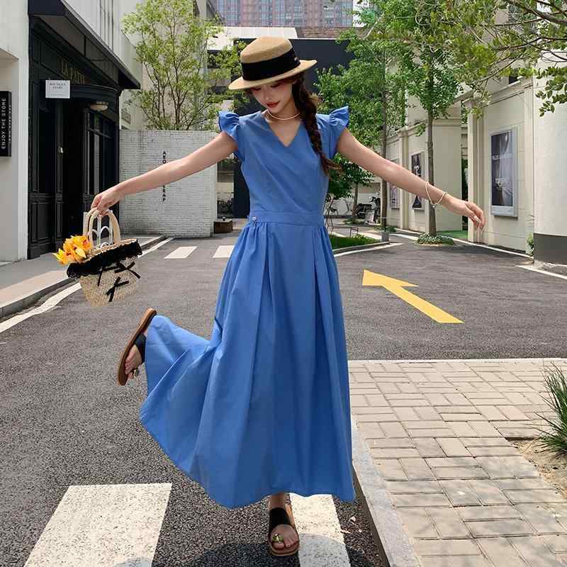 衣装 レディース 春夏 半袖 Vのど首 フラウンス袖 うしろ側シュロの葉 酉の方角目じるし 着痩せ A字生産ライン 口さかしい 無地 通い 通学 会う約束 心地よい 好いたらしいめ 青色