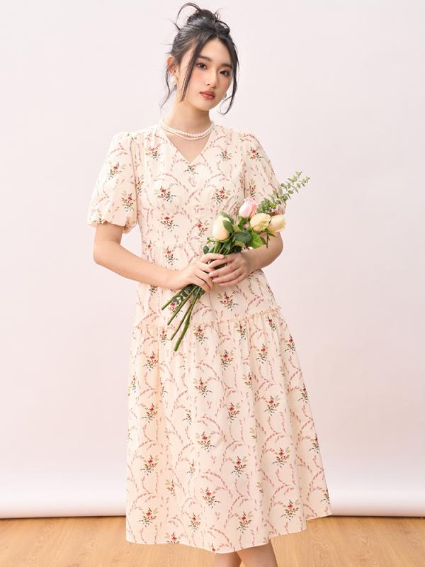 衣装 レディース 春夏 半袖 Vのど首 A生産ラインスコート ミモレ丈 ロング 綿織物 花柄 パフ捩り レトロ フレンチ表現スタイル 女子らしい A生産ライン 心地よい 好いたらしいめ 通学 通い 米白いこと
