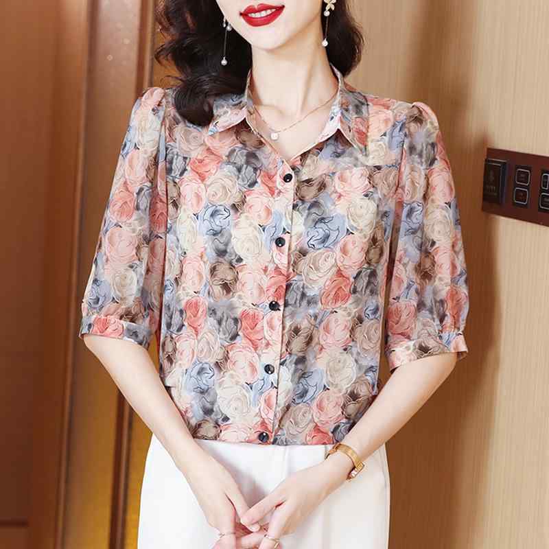 プルオーバー レディース 春夏 七分袖 絹地調 シフォン 襟付き添い人 前食い違い トップス 花柄 刷り上げる 亭主持ち 今めかしい ゆったり 気が大きい大きさ 通い