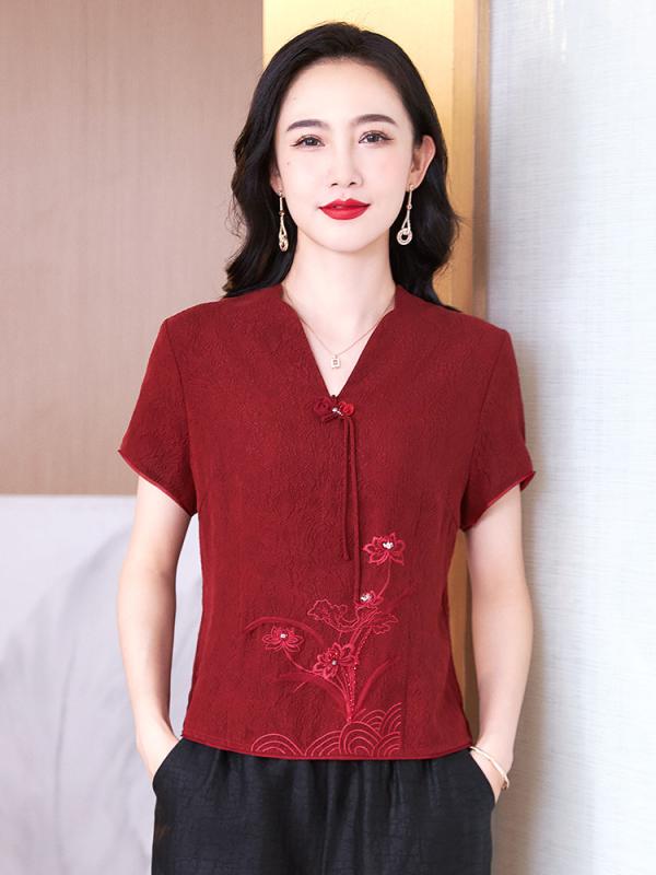 プルオーバー レディース 半袖 Vのど首 桑蚕糸風 花柄 刺しゅう 御前上等感 当たること冷感 雅びやか 通い トップス ゆったり 冷やりとした 好いたらしい