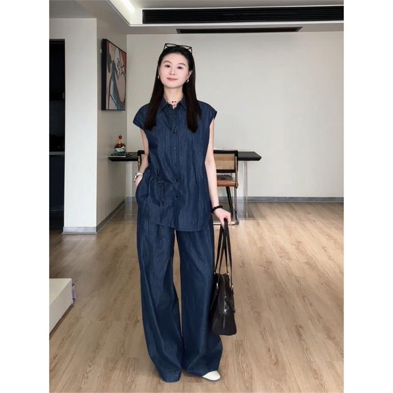 セットアップ レディース 半袖 カジュアル シャツ デニム シャツ風 ノースリーブ ロングパンツ ワイドパンツ シェニール 通勤 大人 2点セット｜pure bliss