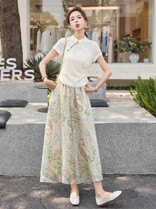レディース 春夏 チャイナ風 シャツ パンツ 2点セット 花柄 半袖 ワイドパンツ 涼しい 通勤 カジュアル フェミニン｜pure bliss