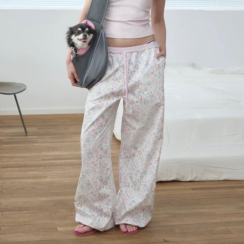 パンツ レディース カジュアルパンツ ロングパンツ コットン 切り替え ウエストリブ ジョガーパンツ 総柄 派手 楽ちん ゆったり 部屋着 通勤 接触冷感 薄手｜pure bliss