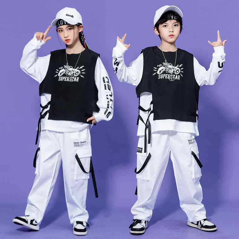 セットアップ キッズ 男女兼用 長袖 トップス ロングパンツ ベスト 3点セット 綿 コットン スウェット ストリート ヒップホップ ダンス衣装 練習着 発表会 レッスン着 演出服｜pure bliss