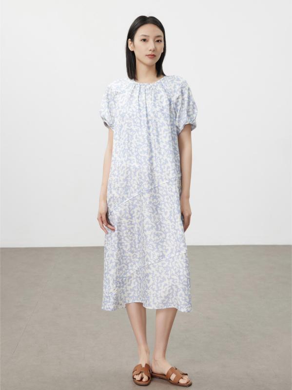 ワンピース レディース 春夏 半袖 ロング丈 A字 パフスリーブ 丸首 ゆったり プリント 花柄 シルク調 爽やか カジュアル 通学 通勤 お出かけ｜pure bliss