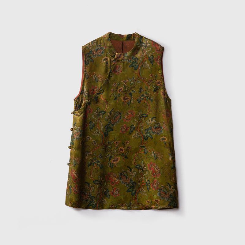 Tシャツ レディース シルク調 トップス チャイナドレス風 中長袖 フレンチスリーブ スタンドカラー 立ち襟 チャイナボタン ジャカード織り織 ジャガード 文芸風 レトロ エレガント アジアンテイスト リゾート ノースリーブ|pure bliss