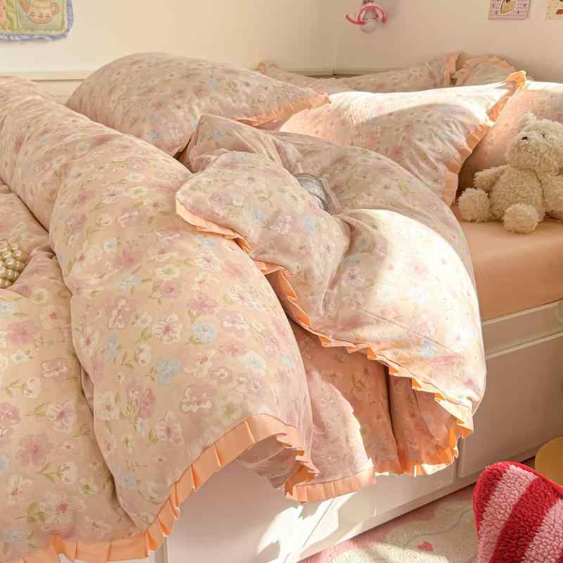 布団カバーセット 4点セット 綿 ダブルガーゼ フリル付き 花柄 リバーシブル 肌触り 通気性 吸水 速乾 春夏 ベッドカバー 枕カバー 掛け布団カバー おしゃれ 姫系 北欧風 寝具カバーセット 洗える｜pure bliss