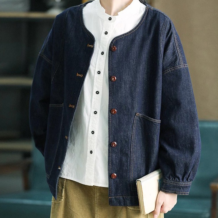 Gジャンデニムジャケットジャケットアウターコートレディースゆったりトップス長袖秋服秋ノーカラーおしゃれデニムポケット付きオシャレきれいめ体型カバ春服春女子