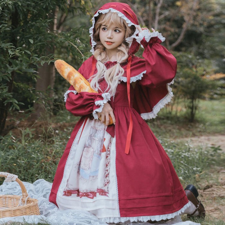 【SALE限定！SSP5倍★最大30％OFF＋さらに600円OFFクーポン配布中！】ロリータ赤ずきんちゃんジャンパースカートポンチョ2点セットゴスロリコスプレ衣装グリム童話Lolitaリボンワンピースマントセットアップレカジュロリ甘ロリフリル