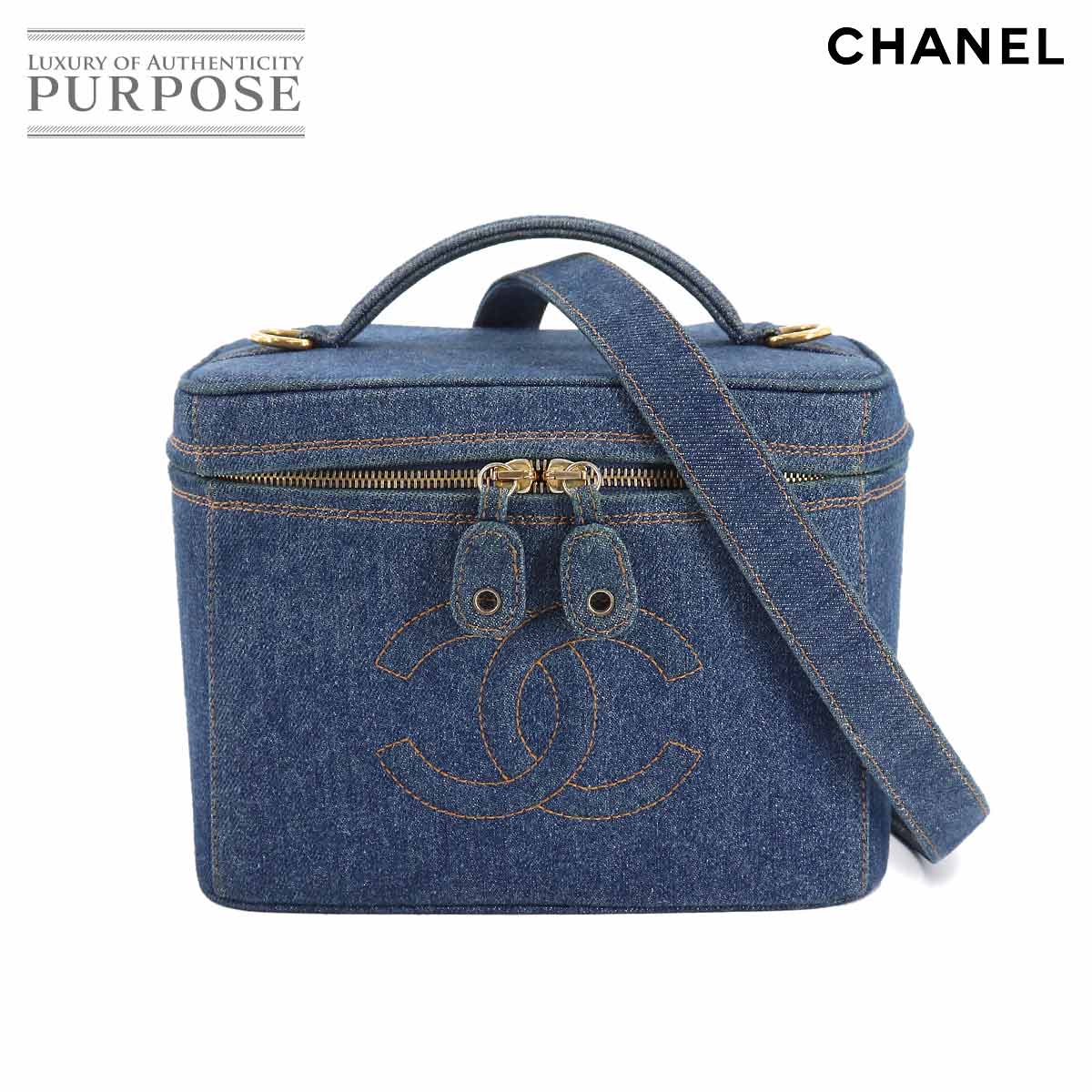 シャネル Chanel バニティ 2way ハンド ショルダー バッグ デニム ブルー A ヴィンテージ ゴールド 金具 Vanity Bag 中古 Opendu17 Fr