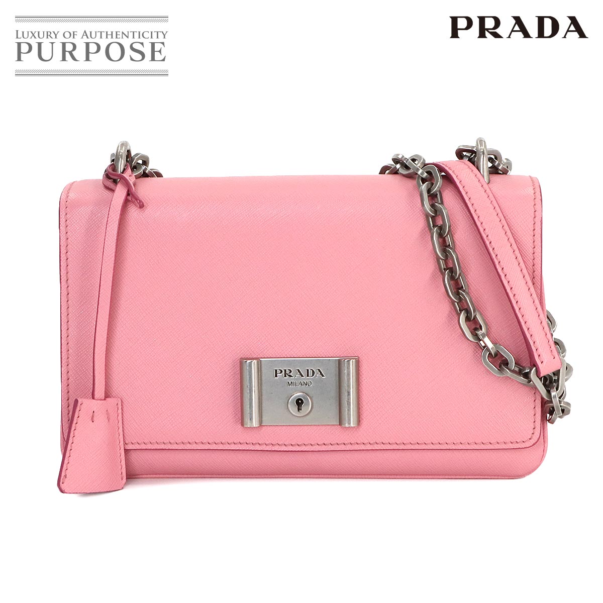 【新品同様】 プラダ PRADA サフィアーノ ショルダー バッグ レザー ピンク 1BD009 マットシルバー 金具 Shoulder Bag 【中古】