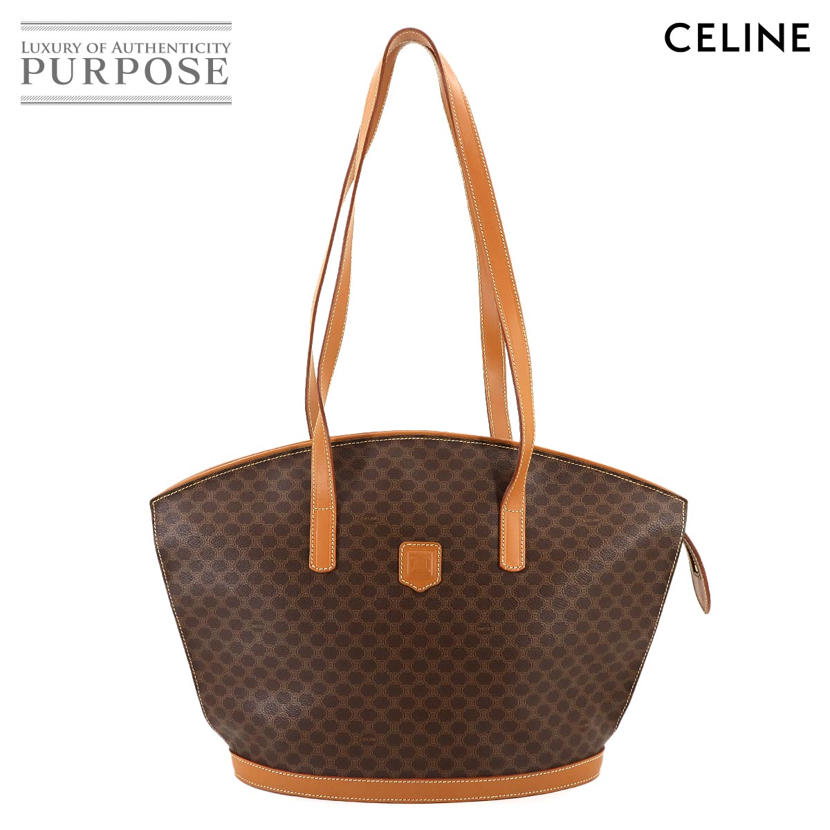 美品 CELINE PVC レザー トートバッグ マカダム柄 バニティ 茶 総柄 CELINE セリーヌ トートバッグ マカダム柄 バケツ PVC レザー