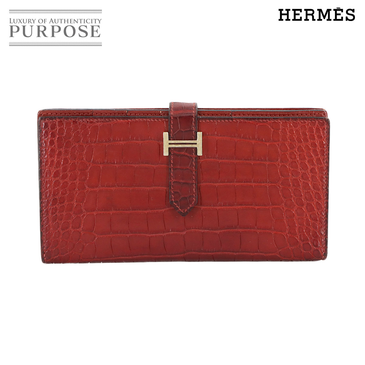 エルメス HERMES クロコダイル アリゲーター ベアンスフレ 長財布 ルージュアッシュ □Q刻印 Bearn Soufflet 【中古】