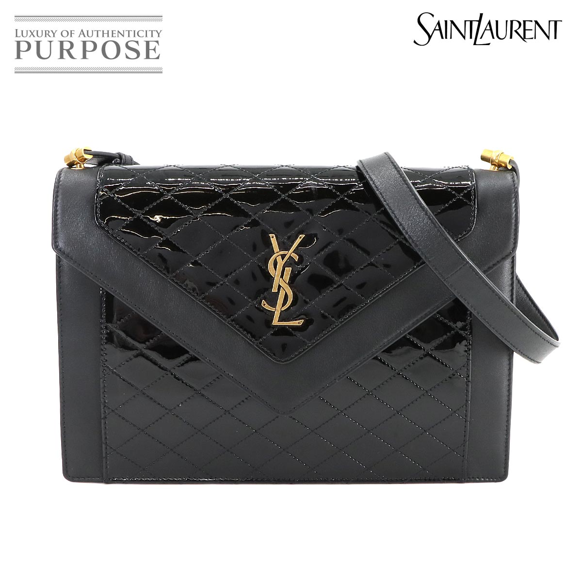 【新品同様】 サンローラン SAINT LAURENT ギャビー ショルダー バッグ エナメル レザー ブラック 695503 ゴールド 金具 Gaby 【中古】