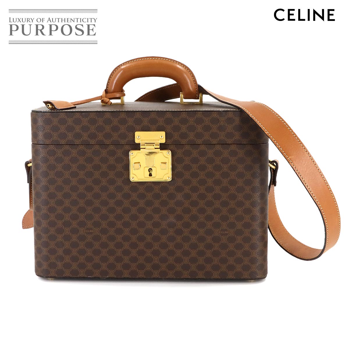 【美品】 セリーヌ CELINE マカダム バニティ 2way ハンド ショルダー バッグ PVC レザー ブラウン ゴールド 金具 ヴィンテージ Macadam Vanity Bag 【中古】