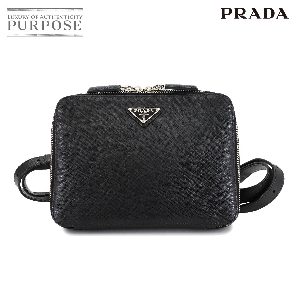 【新品負けず劣らず】 プラダ PRADA うしろ側容器に並べる 背嚢 サフィアーノレザー 黒いこと 2VZ038 しろがね色 金具 Backpack 【中古】