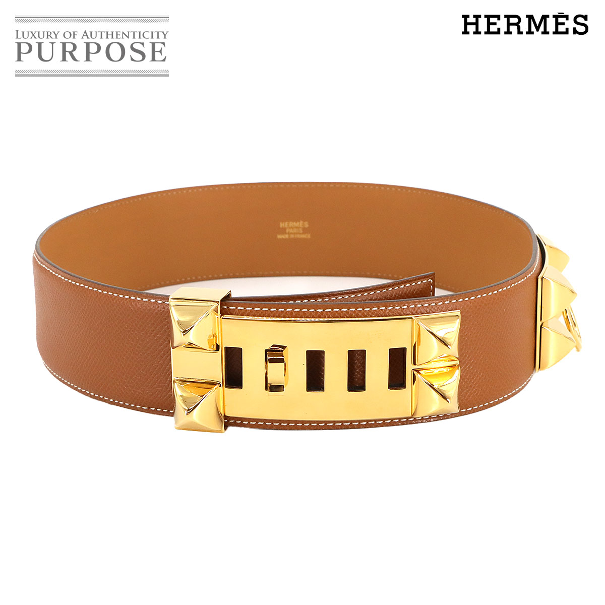 【新品負けず劣らず】 エルメス HERMES コリエドシアン メドール 胴締め クシュベル エプソン ゴールド 65 □B目じるし ゴールド 金具 Collier de Chien Medor Belt 【中古】