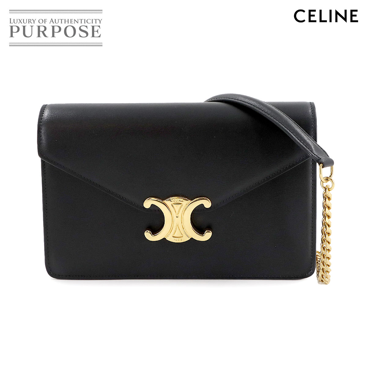 【未使用 展示品】 セリーヌ CELINE マーゴ トリオンフ チェーン ウォレット 長財布 レザー ブラック 10L033DPV ゴールド 金具 Margo Triomphe Wallet 【中古】