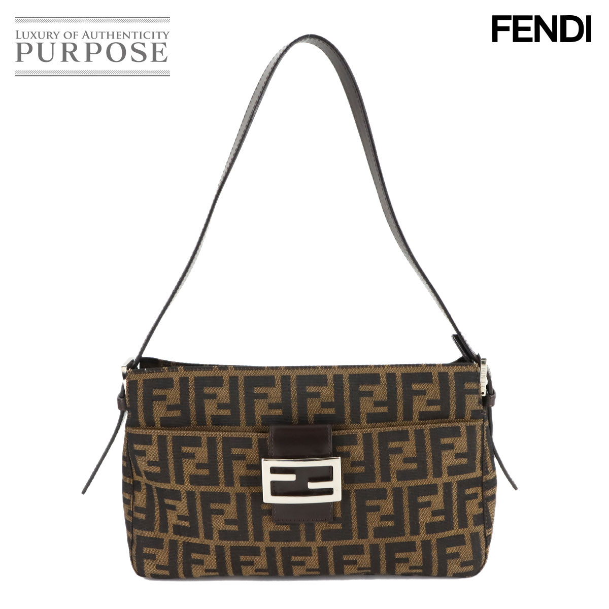 【新品同様】 フェンディ FENDI ズッカ ショルダー バッグ キャンバス レザー ブラウン ブラック 26566 シルバー 金具 Zucca Shoulder Bag 【中古】