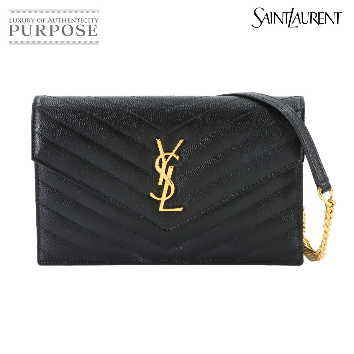 【新品同様】 サンローラン SAINT LAURENT カサンドラ エンベロープ チェーン ウォレット 長財布 レザー ブラック 742920 ゴールド 金具 Cassandre Envelope Chain Wallet 【中古】