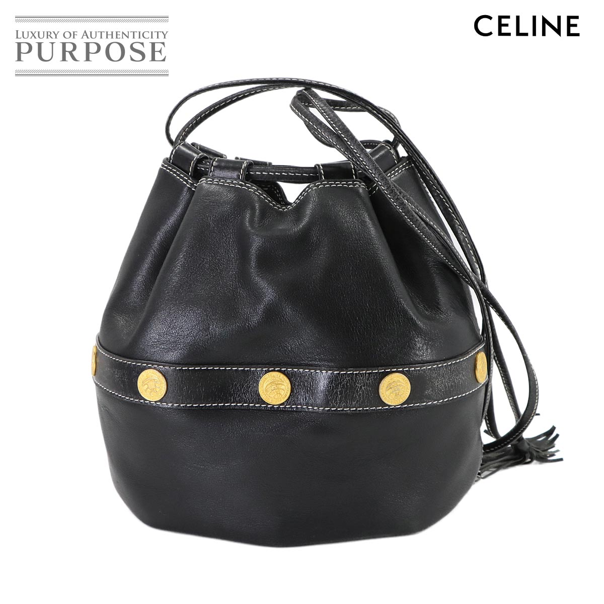 セリーヌ CELINE 合切袋 肩部 御徒面子 なめし革 黒いこと ゴールド 金具 フリンジ ヴィンテージ Shoulder Bag 【中古】