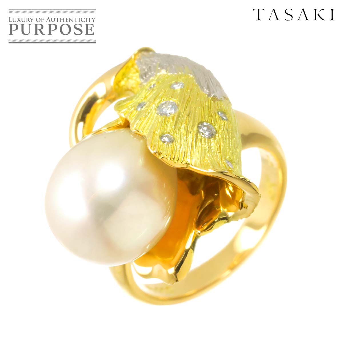 【新品同様】 タサキ TASAKI 10.5号 リング 白蝶真珠 10.6mm ダイヤ 0.09ct K18 YG 750 Pt 指輪 田崎真珠 パール South Sea pearl Ring【中古】