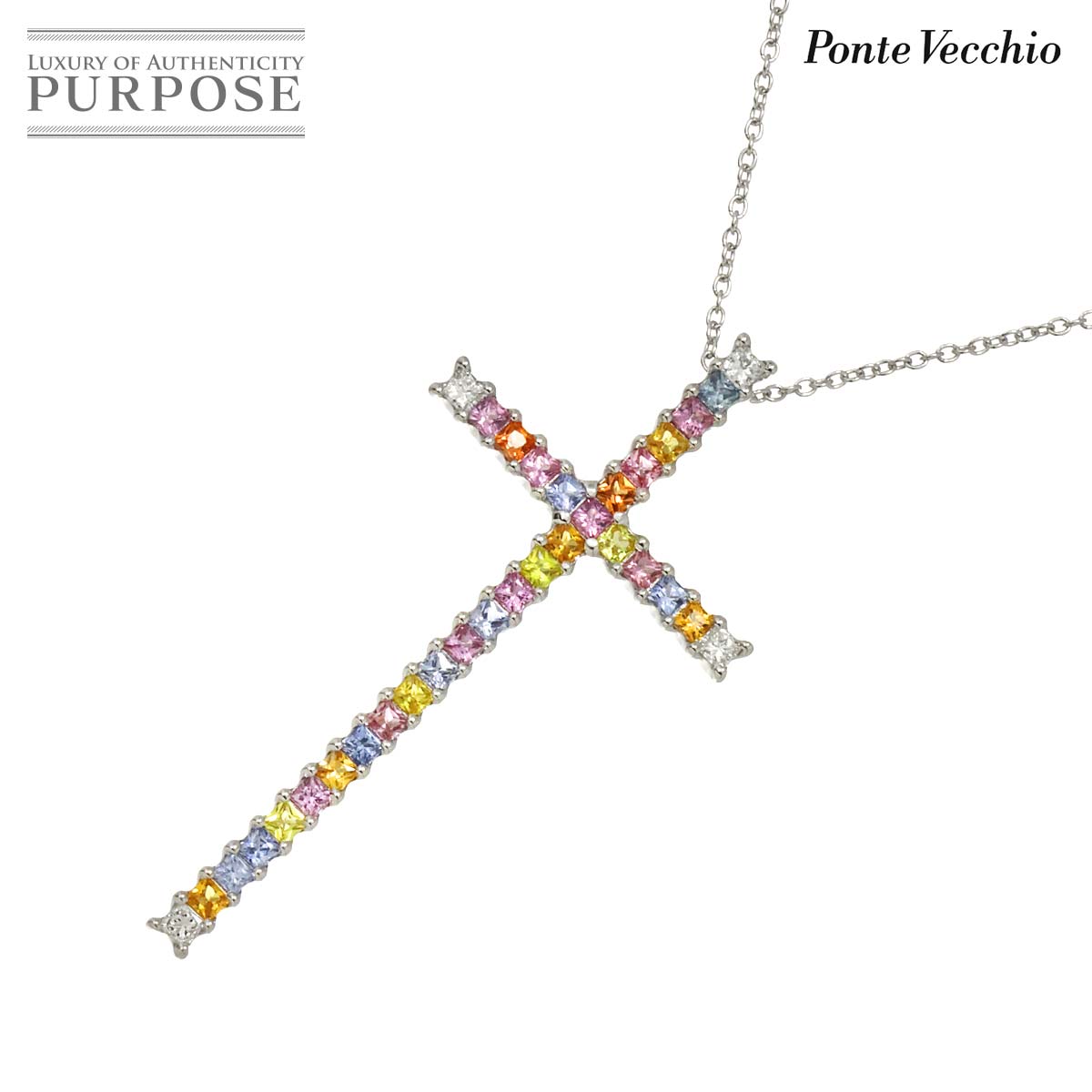 【新品同様】 ポンテヴェキオ Ponte Vecchio サファイヤ 2.17ct ダイヤ 0.27ct ネックレス 40cm K18 WG 750 クロス Necklace【中古】|VINTAGE LOVER PURPOSE