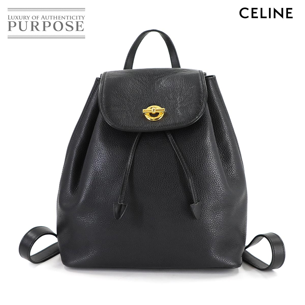 【美品】 セリーヌ CELINE うしろ側容器に並べる 背嚢 なめし革 黒いこと ゴールド 金具 ヴィンテージ Backpack 【中古】