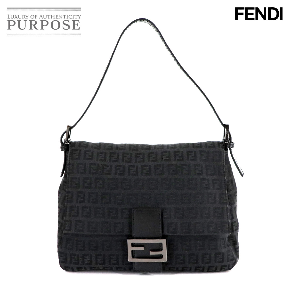 フェンディ FENDI ズッキーノ マンマバケット ショルダー バッグ キャンバス ブラック 8BR001 ガンメタ 金具 Zucchino Mamma Baguette 【中古】