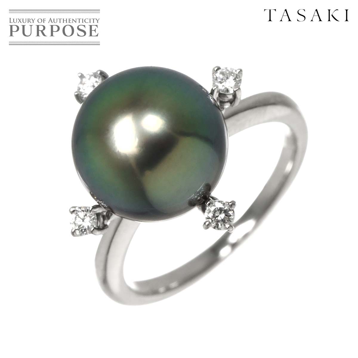 【新品同様】 タサキ TASAKI 10号 リング 黒蝶真珠 10.9mm ダイヤ 0.12ct Pt プラチナ 指輪 パール 田崎真珠 Black Pearl Ring【中古】