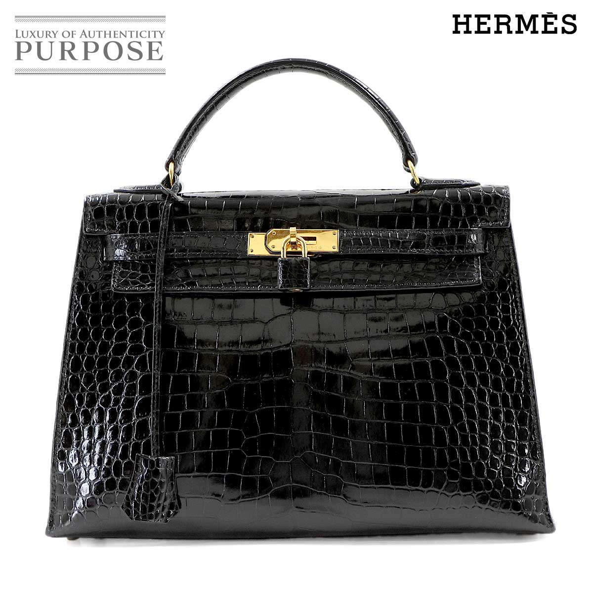 エルメス HERMES クロコダイル ケリー 32 ポロサス ブラック ハンド バッグ 外縫い 〇W刻印 1993年製 ゴールド 金具 ヴィンテージ Kelly 【中古】