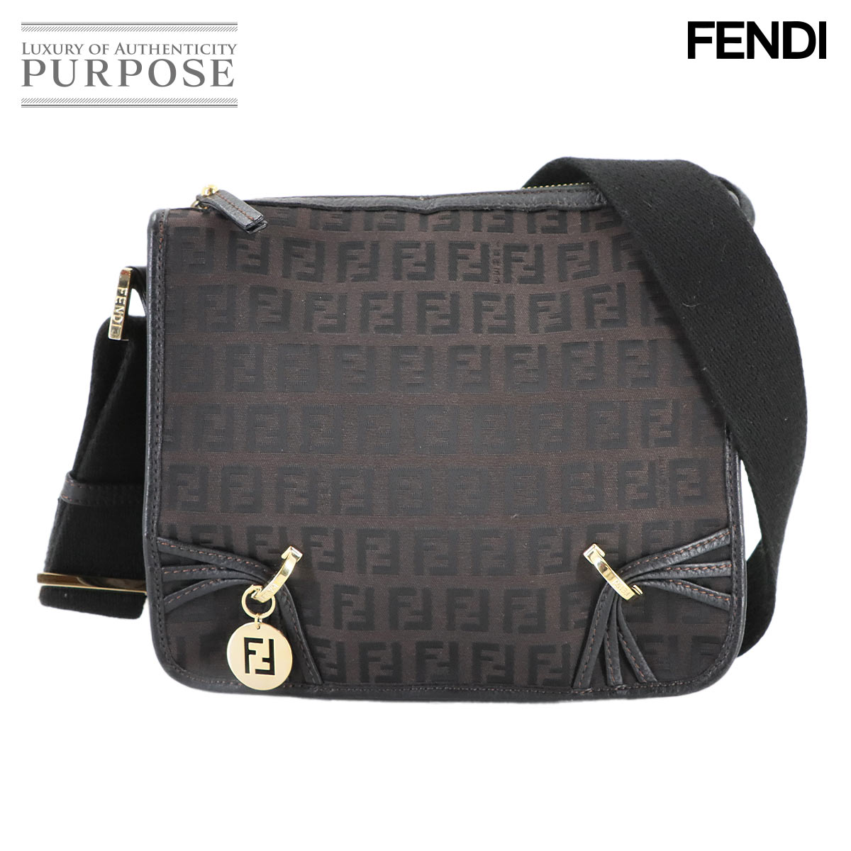 フェンディ FENDI ズッキーノ ショルダー バッグ キャンバス レザー ブラック 8BT099 ゴールド 金具 Zucchino Shoulder Bag 【中古】