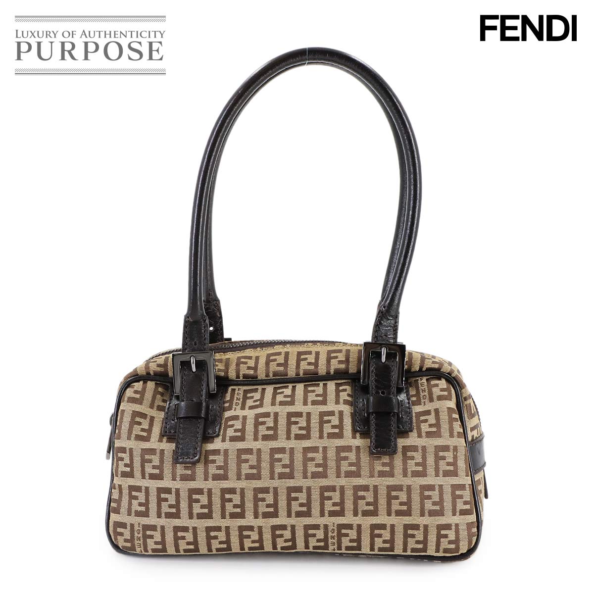 【美品】 フェンディ FENDI ズッキーノ ハンド バッグ キャンバス レザー ベージュ ブラウン 8BN004 Zucchino Hand Bag 【中古】