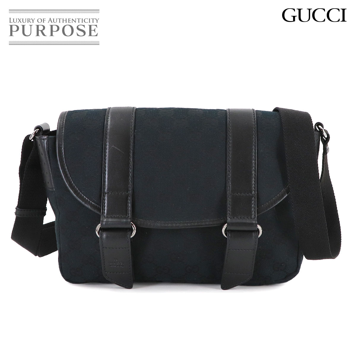 【美品】 グッチ GUCCI GGキャンバス メッセンジャー ショルダー バッグ レザー ブラック 145858 シルバー 金具 Shoulder Bag 【中古】